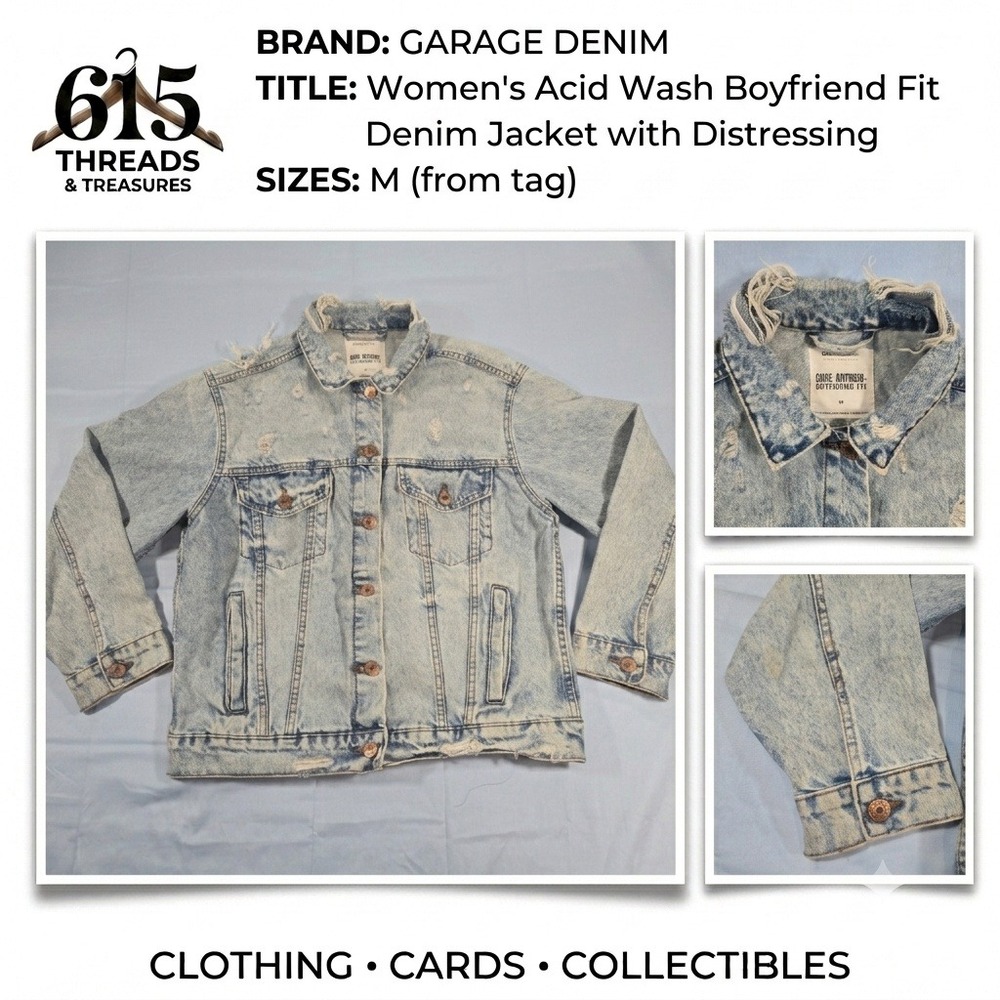 Garage Denim Womens Acid Wash Boyfriend Fit Distressed Denim Jacket Medium